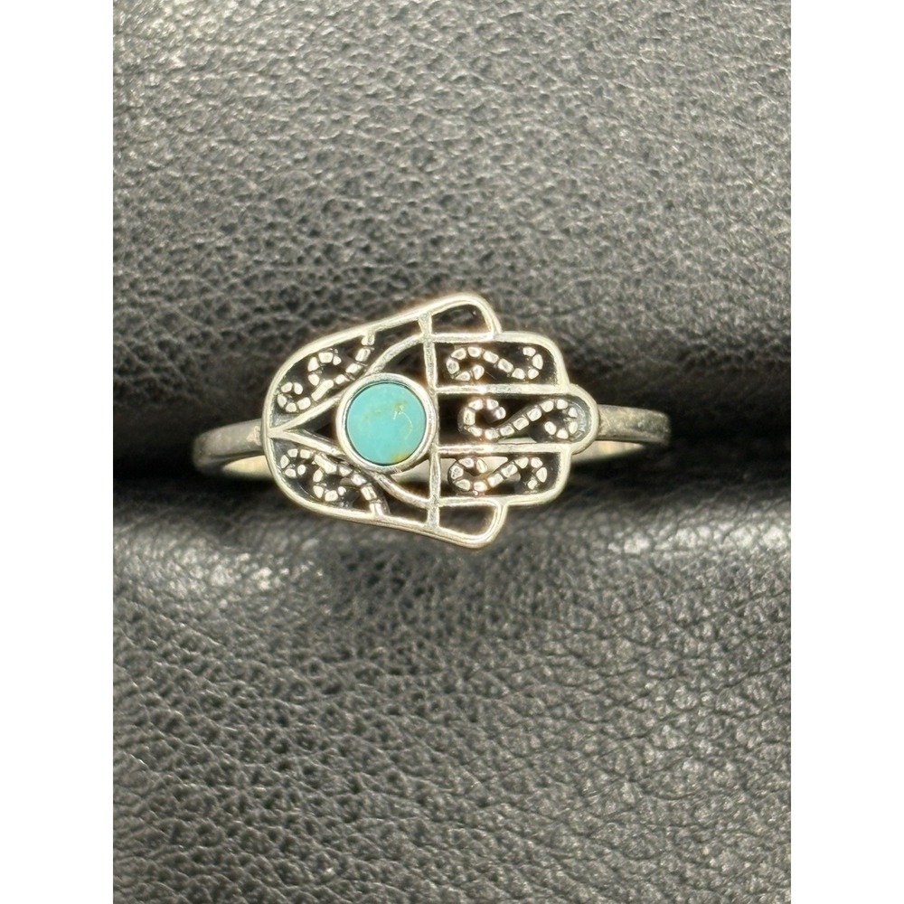 New Condition Sterling Silver Genuine Turquoise Hamsa Ring Size 7 F9